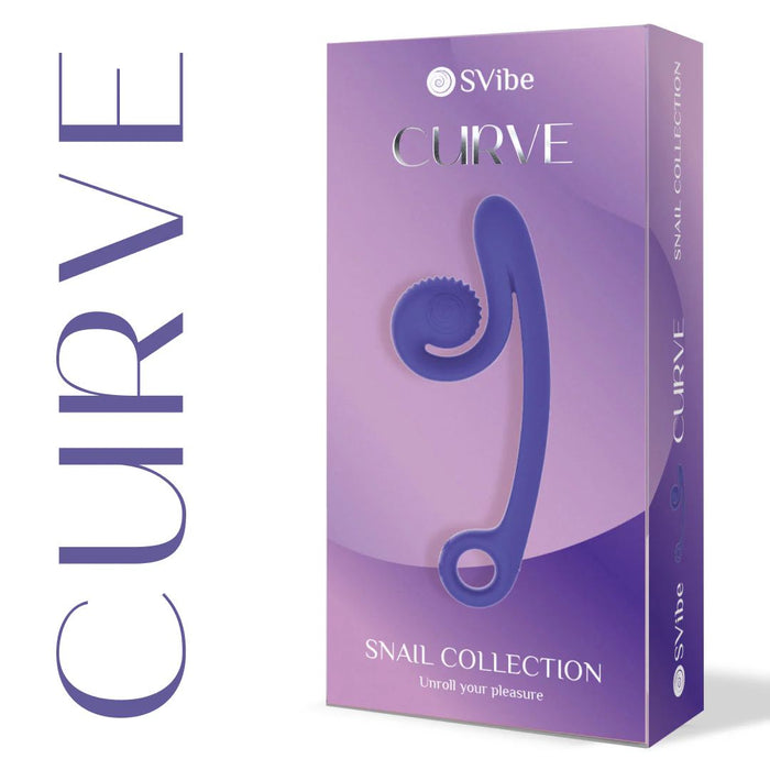 A SVibe "Snail Vibe Curve Ultra" product box in purple, showcasing an image of the curved massage device prominently. The gradient background complements the tagline "Unroll your pleasure" at the bottom. The word "CURVE" is written vertically, emphasizing its Slide 'n Roll Technology for enhanced G-spot stimulation.