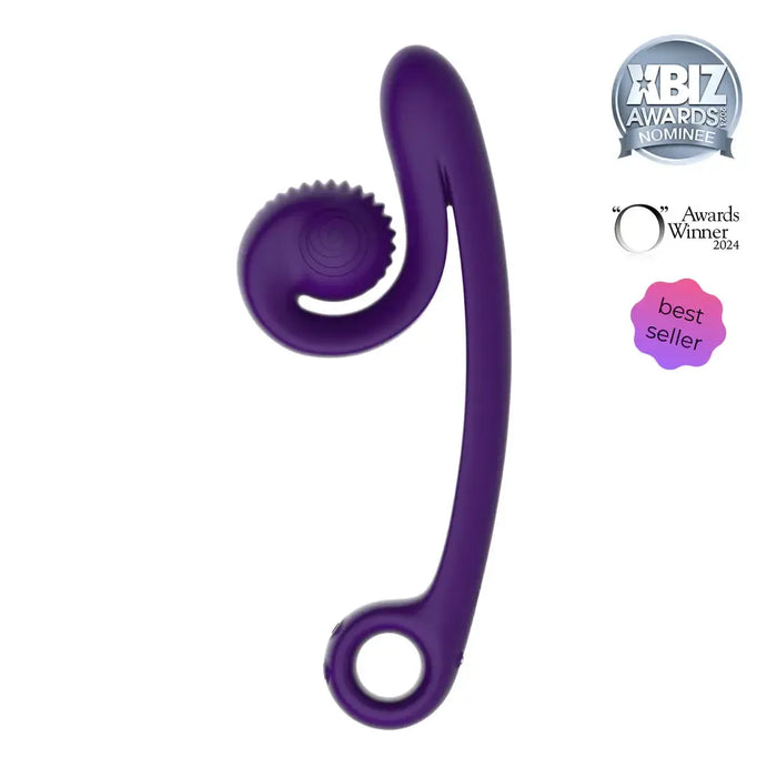 The Snail Vibe Curve Ultra Powerful 2 Motor Dual Stimulating Vibrator in purple is a sleek, curved adult toy with a unique hook-like design and a textured area at one end. Utilizing Slide 'n Roll Technology for enhanced G-spot stimulation, this best-seller from Snail Vibe boasts awards such as the 'O' Award Winner 2024 and an XBIZ Awards Nominee sticker.