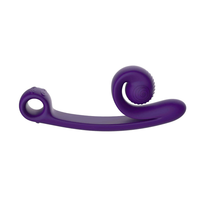 The Snail Vibe Curve Ultra Powerful 2 Motor Dual Stimulating Vibrator by Snail Vibe is a purple, ergonomically designed massage tool featuring a curved handle. One end boasts a textured, spiral design for G-spot stimulation, while the other end has a smooth loop for easy grip and maneuverability. This modern waterproof device is likely used for therapeutic purposes.