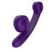 The Snail Vibe Curve Ultra Powerful 2 Motor Dual Stimulating Vibrator by Snail Vibe is a purple, curved, ergonomic device. It has a spiral texture on one end and a smooth handle, along with a loop at the opposite end. Made of soft, flexible material, it is designed for G-spot stimulation or achieving clitoral and vaginal orgasms. Additionally, this versatile wellness tool is waterproof for diverse uses.