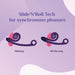 A diagram demonstrating "Slide'N'Roll Tech for synchronous pleasure" with two illustrations. The first, labeled "Midway," showcases a dark curved shape known as Snail Vibe Curve Ultra Powerful 2 Motor Dual Stimulating Vibrator - Purple, with a coiled pink part halfway along it. The second, labeled "All the way," depicts the pink part at the curve's end—ideal for g-spot stimulation.