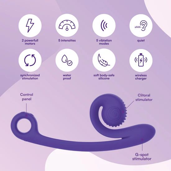The Snail Vibe Curve Ultra Powerful 2 Motor Dual Stimulating Vibrator - Purple from Snail Vibe boasts two powerful motors, five intensities, five vibration modes, quiet operation, synchronized stimulation, waterproof design, and soft body-safe silicone. It features Slide 'n Roll Technology for enhanced G-spot stimulation and wireless charging. Parts include the clitoral and G-spot stimulators.