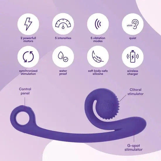 A diagram of the purple Snail Vibe Curve Ultra Powerful 2 Motor Dual Stimulating Vibrator by Snail Vibe highlights its features: dual powerful motors, five intensities, Slide 'n Roll Technology with five vibration modes, quiet operation for synchronized g-spot stimulation, waterproof design, body-safe silicone construction, and wireless charging.