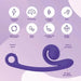 A diagram of the purple Snail Vibe Curve Ultra Powerful 2 Motor Dual Stimulating Vibrator by Snail Vibe highlights its features: dual powerful motors, five intensities, Slide 'n Roll Technology with five vibration modes, quiet operation for synchronized g-spot stimulation, waterproof design, body-safe silicone construction, and wireless charging.