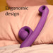 A purple Snail Vibe Curve Ultra Powerful 2 Motor Dual Stimulating Vibrator by Snail Vibe rests on a bed with pink sheets. The waterproof vibrator features an ergonomic curved handle and two head attachments, perfect for g-spot stimulation. Text in the top left corner reads "Ergonomic design.