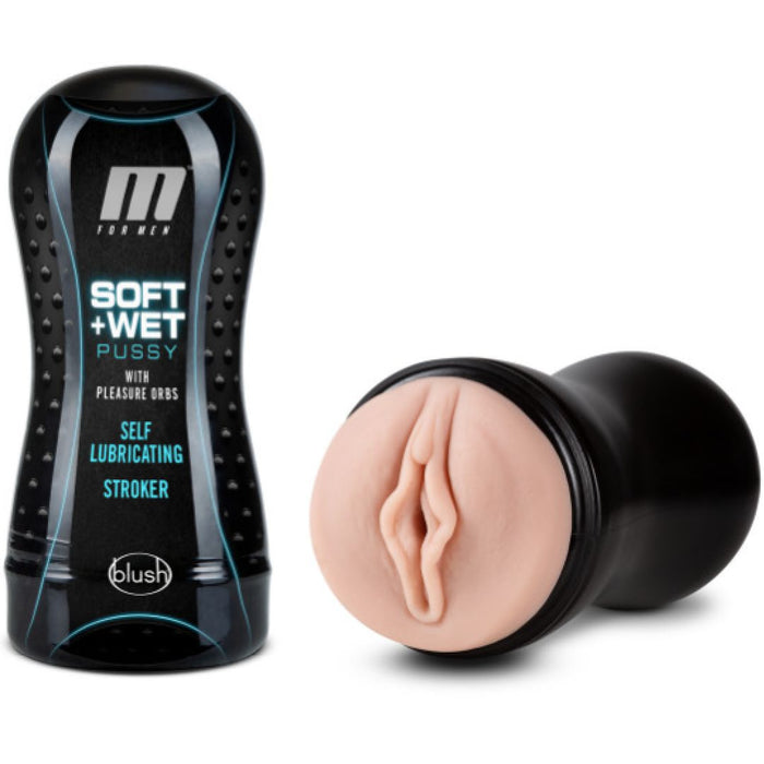 Soft and Wet Pussy with Pleasure Orbs - Self Lubricating Stroker - Vanilla horizontal view of the opening plus a vertical case view