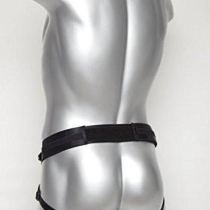 A silver mannequin torso featuring a SpareParts Deuce Double Penetration Strap-on Harness with a black belt accessory.