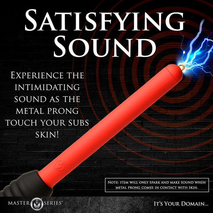 A promotional image shows the Spark Rod Electro Stimulation Zapping Wand—a red device with a metal tip emitting sparks—alongside text highlighting its "satisfying sound" when touching skin. The background is black with red concentric circles.