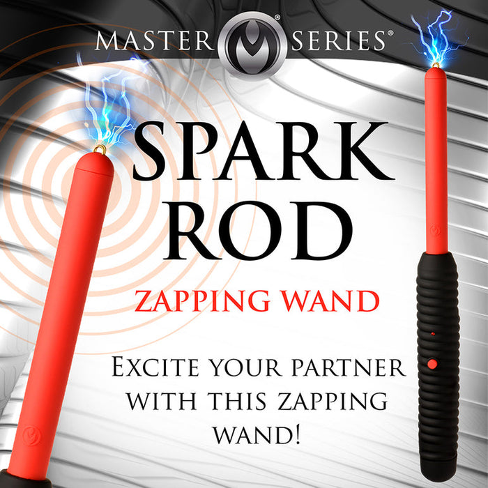 Two red and black electric play wands emit blue sparks, shown next to text: "Spark Rod Electro Stimulation Zapping Wand. Excite your partner with this zapping wand!.