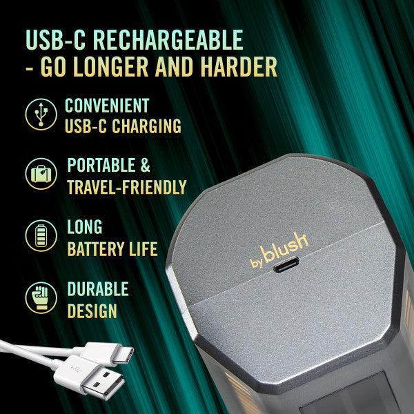 Close-up image of a USB-C rechargeable device. Text states features: "Convenient USB-C charging, Portable & travel-friendly, Long battery life, Durable design with turbo climax boost." The device is labeled "by Blush" and a USB-C cable is shown at the bottom left. The product name is Spin Master Pro Vibrating, Stroking, Rotating, Automatic Stroker.