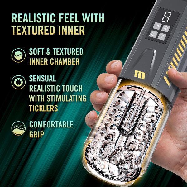 A graphic promoting the Blush product showcases a hand holding the transparent chamber of the Spin Master Pro Vibrating, Stroking, Rotating, Automatic Stroker. The text reads "REALISTIC FEEL WITH TEXTURED INNER" and highlights its features: "Soft & Textured Inner Chamber," "Sensual Realistic Touch with Stimulating Ticklers," "Comfortable Grip," and "360° Rotation Masturbator.