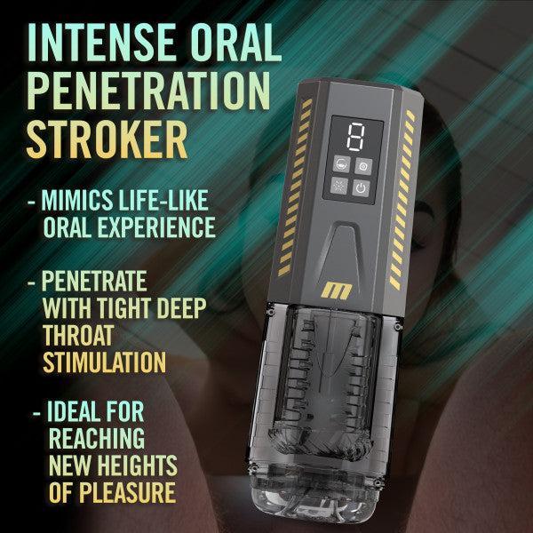 An advertisement for the Spin Master Pro Vibrating, Stroking, Rotating, Automatic Stroker by Blush highlights features such as mimicking a life-like oral experience, providing tight deep throat stimulation, customizable settings, and being ideal for reaching new heights of pleasure.