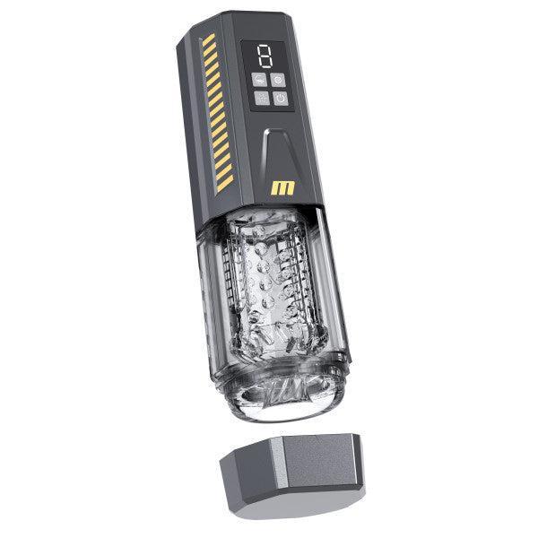 Introducing the Blush Spin Master Pro, a sophisticated and modern automatic stroker equipped with a digital display screen and control buttons conveniently located on the top handle. The transparent section showcases the internal mechanisms, including vibrating, stroking, and rotating features for an unmatched experience. The lid is placed below the elegant gray base accented with yellow highlights.