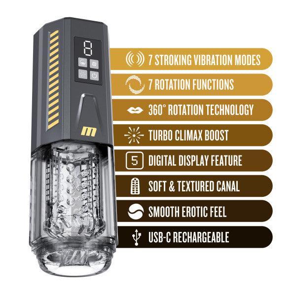 The image shows the Blush Spin Master Pro, a gray and transparent automatic male masturbator device with a digital display. A list beside it highlights features including 7 stroking vibration modes, 7 rotation functions, 360° rotation, turbo climax boost, USB-C rechargeability, and more.