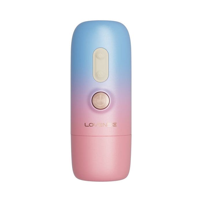 The Spinel App-Controlled, Multi-Attachment Thrusting, Vibrating & Heating Dildo Machine is a small cylindrical device with a blue-to-pink gradient, a central button, a slider above it, and "Lovense Spinel" printed on the front.