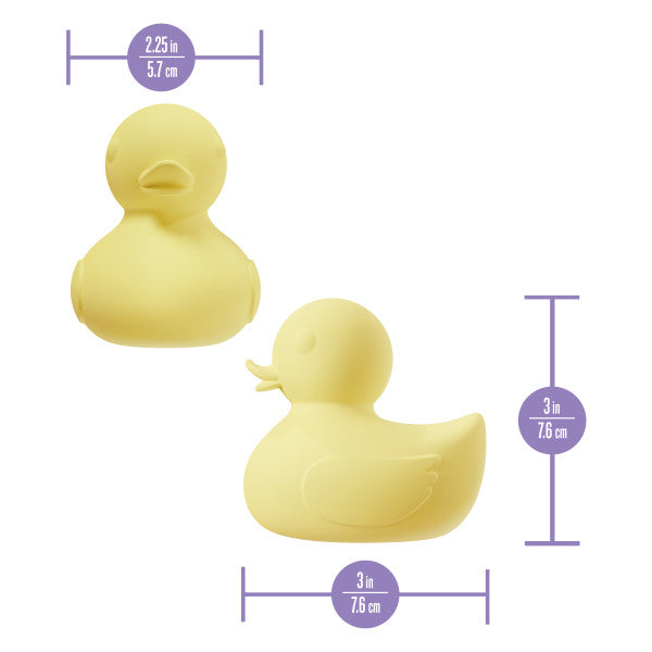 The Splash Waterproof Rubber Duckie Vibrator is shown from the front and side with purple-circled measurements: 2.25" tall, 3" long, and 3" high—similar to a mini vibrator. Perfect for bath time fun!.