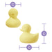 The Splash Waterproof Rubber Duckie Vibrator is shown from the front and side with purple-circled measurements: 2.25" tall, 3" long, and 3" high—similar to a mini vibrator. Perfect for bath time fun!.