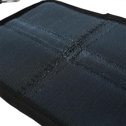 Close-up image of the Sportsheets The Original Bed Bondage Sheet - King Size, showcasing its dark blue rectangular design with a visible cross pattern in the middle. The mat features a textured, woven surface and is bordered by a black trim, reminiscent of an elegant bondage bed sheet.