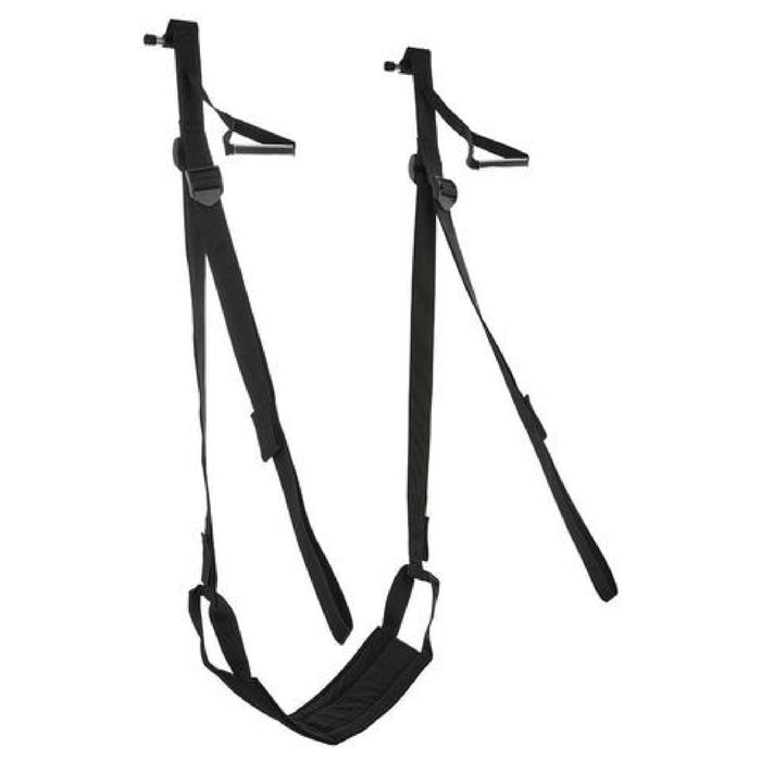 A set of the Sportsheets Door Jam Sex Sling hanging against a white background. This equipment features adjustable buckles, handles, and foot straps, designed for bodyweight exercises and strength training. It’s also versatile enough to be used as pleasure products, elevating your sexual adventures with ease.