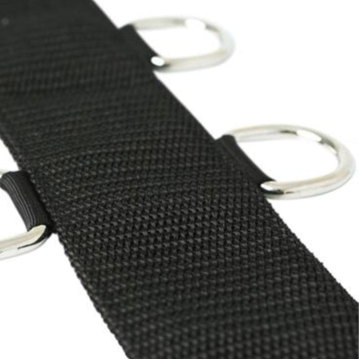 Close-up of a black Sportsheets neoprene neck collar with metal d-rings at intervals.