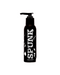 A black pump dispenser bottle with the word "Spunk Lube Hybrid Silicone/Water Realistic Cum Lubricant 4 oz" in white, stylized font, described as a water-based silicone lubricant. The design includes white splatter and star patterns.