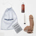 Squirting Realistic Cock 7.4 Inch Ejaculating Suction Cup Dildo  - Vanilla with a white background showing the dildo, care guide, storage bag, syringe, and lube sample