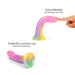 The Stargazer Rainbow Ombre Glitter 7 inch Silicone Dildo from Lovely Planet features a vibrant rainbow gradient and glitter design. One image shows its impressive flexibility demonstrated by a finger, while another highlights its strong suction cup base. The text descriptions emphasize "Extra flexible - Comfortable insertion" and "Powerful suction cup - Hands free pleasure," making it ideal for g-spot play.