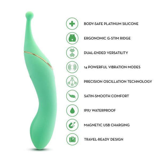 The Stella Double Ended G-Spot & Clitoral Vibrator, shown in green silicone with a curved design, features 14 vibration modes, waterproof build, USB charging, and is travel-ready for versatile pleasure.