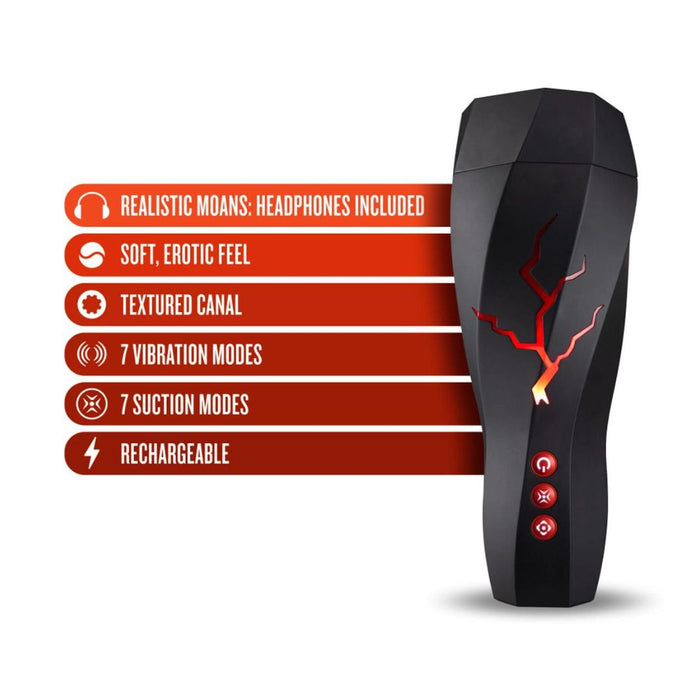 Storm Sucking Moaning Vibrating Masturbator with features listed beside it on a white background