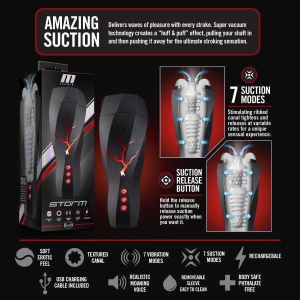 Image showing a Blush sex toy labeled "Storm Sucking Moaning Vibrating Masturbator with Headphones." The product boasts multiple features, including 7 suction modes, vibration functions, a suction release button, a soft erotic feel, a textured canal with ribbed masturbator design, realistic moaning voice, USB charging cable included, and a removable and easy-to-clean sleeve made from body-safe materials. The image also showcases the product box and an interior design diagram.