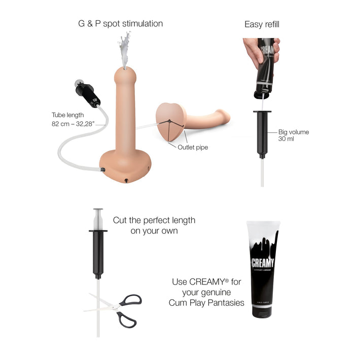 An instructional diagram for the Strap-On-Me 5.7 Inch Silicone Squirting Cum Dildo - Vanilla by Lovely Planet, tailored for cum play and strap-on play, detailing its components and features. The toy includes a refillable tube (82 cm - 32.28"), an easy refill system with a 30 ml volume, an outlet pipe, and options to cut the tube to the desired length.
