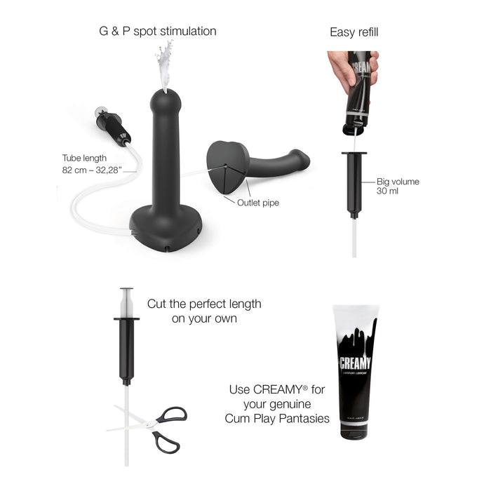 The Lovely Planet Strap-On-Me 7.5 Inch Silicone Squirting Cum Dildo in black includes a long, adjustable tube (82 cm/32.28") for G & P spot stimulation, an outlet pipe, a 30 ml syringe for easy refills, and a pair of scissors to customize the tube length. It also recommends using the "CREAMY" product for cum play.