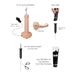 Diagram of the Strap-On-Me 7.5 Inch Silicone Squirting Cum Dildo - Vanilla by Lovely Planet labeled "G & P spot stimulation" with illustrations showing its components and usage. This body-safe sex toy is refillable using a 30 ml tube of "CREAMY." Instructions for cutting the tube to the desired length and inserting the cream are provided.