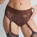 Brown Strap-On-Me Diva Sexy Garter Style Lingerie Harness on a model straight on with no dildo