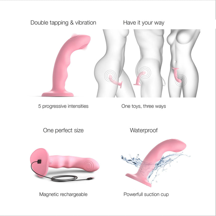 A promotional image for the Lovely Planet Strap on Me G-Spot Tapping Silicone Dildo in pink showcases various features. Text highlights include "Double tapping & vibration," "5 progressive intensities," "Have it your way,” and “One toy, three ways” with accompanying illustrations. Additional features like “Magnetic rechargeable,” “Waterproof,” and a rippled shaft for added pleasure are also displayed.
