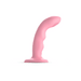 The Strap on Me G-Spot Tapping Silicone Dildo from Lovely Planet, in pink, features a curved shape and smooth surface. It stands upright against a plain white background, showcasing its suction base. The toy also has several ridges along its length designed for enhanced g-spot stimulation.