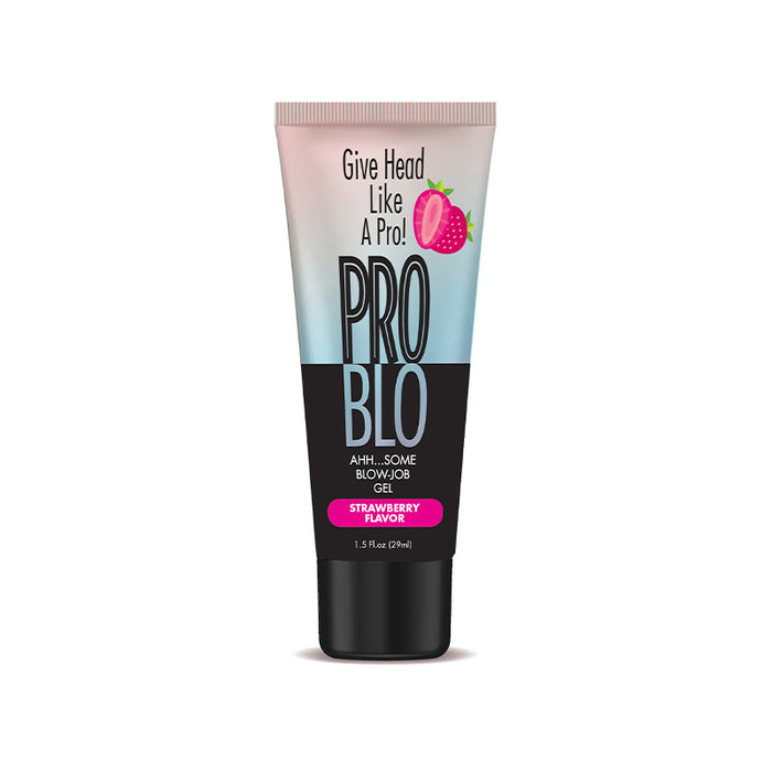 A 1.5 oz tube of Pro Blo Oral Pleasure Gel, available in 8 flavors, features "Give Head Like A Pro!" text and a strawberry illustration on the label.