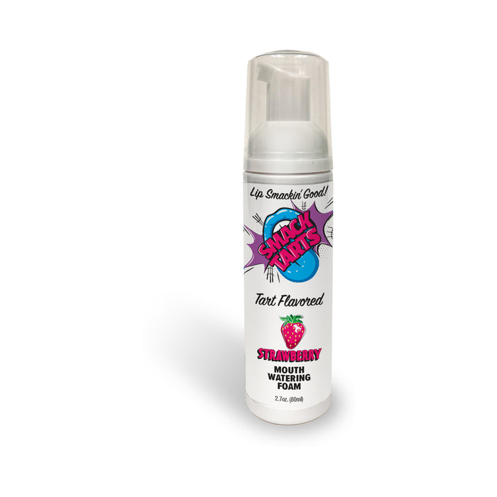 A white bottle of SMACK Tarts Mouthwatering Sour Foam, 2.7 oz, features a pump dispenser and colorful label with strawberry art; this foaming oral lubricant is available in 6 flavors.