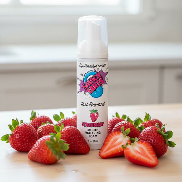 A can of SMACK Tarts Mouthwatering Sour Foam 2.7 oz stands on a wooden surface, surrounded by fresh strawberries in a bright kitchen. This tart-flavored, foaming oral lubricant is available in 6 flavors.