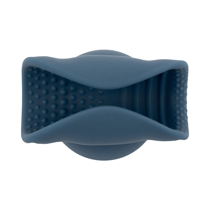 The Stroke Silicone Penis Play Wand Attachment is a blue silicone textured sleeve with an open, oval center and raised bumps and ridges inside for enhanced penis pleasure, shown from above.