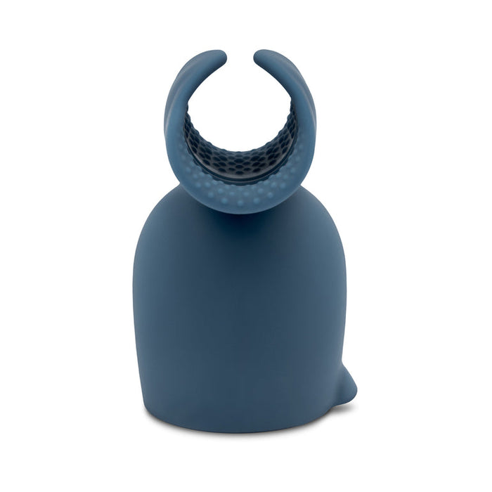 The Stroke Silicone Penis Play Wand Attachment is a blue silicone accessory with a rounded base, open curved top, and textured inner bumps for added grip—perfect for upgrading your pleasure when used with another device.