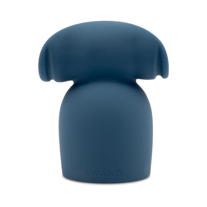 The Stroke Silicone Penis Play Wand Attachment is a blue silicone accessory for massage wands with a rounded top and two flexible ear-like extensions, embossed with "le WAND," designed for creative penis play.