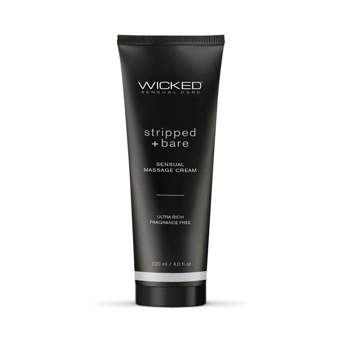 The Wicked Sensual Massage Cream - Stripped Bare Unscented in a black tube provides ultra-rich hydration with its fragrance-free, unscented formula. Each 120 ml (4.0 fl oz) bottle is ideal for nourishing and indulging your skin.