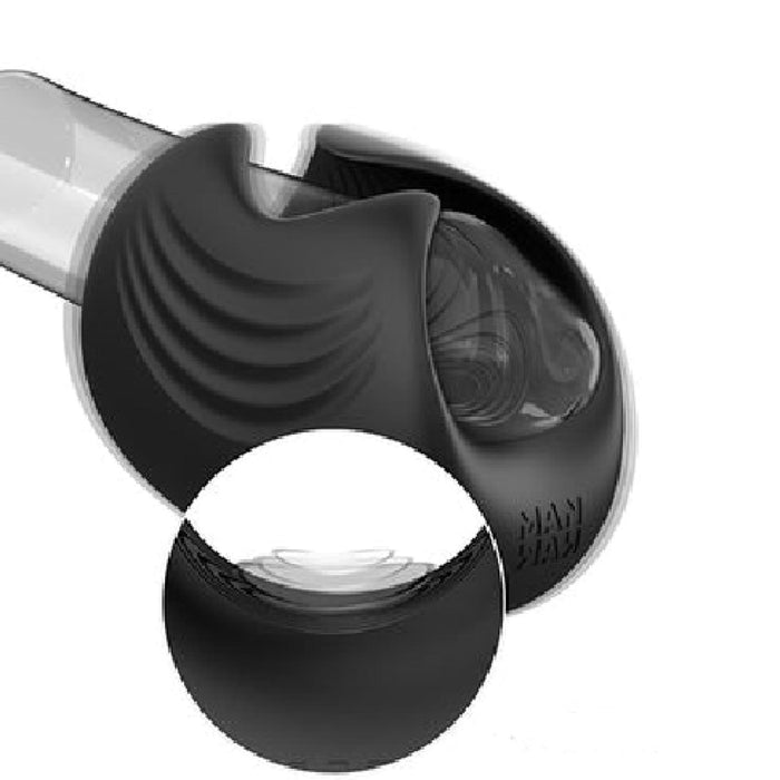 A close-up showcases the Sub One Tapping Penis Stroker and Frenulum Teaser with its black plastic protective cap partially enclosing a glass tip, featuring a textured, ribbed design. The open section reveals smooth, curved inner details and highlights its tapping technology.