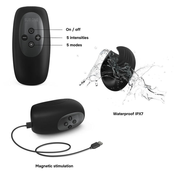 The Sub One Tapping Penis Stroker and Frenulum Teaser is a sleek, black, oval-shaped remote-controlled device with buttons for on/off, intensities, and modes. It's crafted from flexible silicone, 100% waterproof (IPX7), features innovative tapping technology, and comes with a USB charging cable.