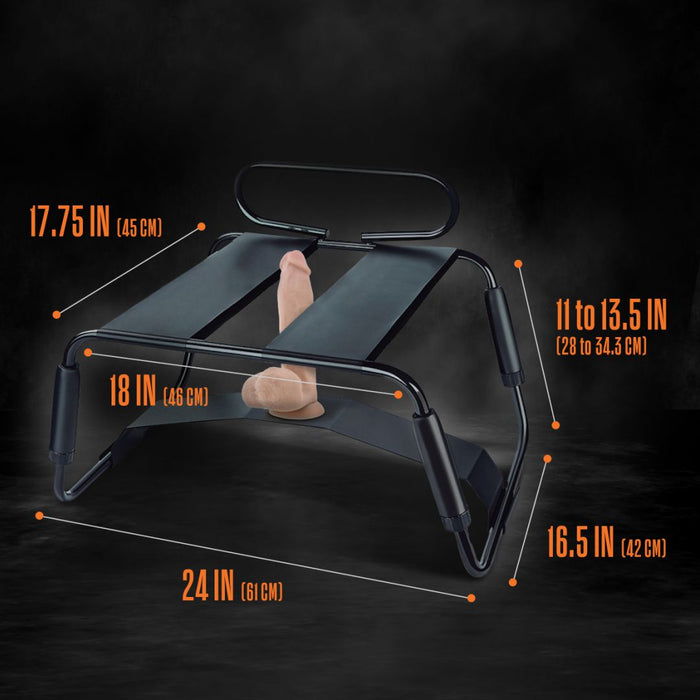 Introducing the Surrender Sex Chair with 8 Inch Vibrating Dildo by blush: a sexual positioning chair with adjustable height settings and dimensions labeled. The seat height is 18 inches, width 24 inches, depth 16.5 inches, back support height 17.75 inches, and armrest height adjustable from 11 to 13.5 inches. A vibrating dildo is attached to the center for added pleasure.