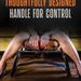 A person with red-painted nails holds onto a handle while sitting on the Surrender Sex Chair with 8 Inch Vibrating Dildo. Text above reads "Thoughtfully Designed Handle for Control." The room has subdued lighting, focusing attention on the hands and the handle. The product is by blush.