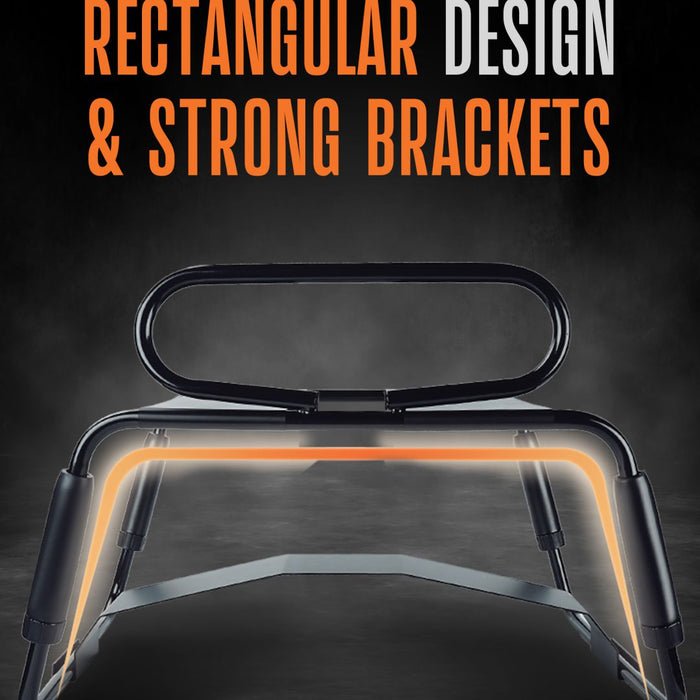 Image of a metallic rectangular device with strong brackets, presented against a dark smoky background. White and orange text above the device reads "RECTANGULAR DESIGN & STRONG BRACKETS." The Surrender Sex Chair with 8 Inch Vibrating Dildo by blush, featuring an adjustable lifting system, appears robust and is highlighted with an orange glow.