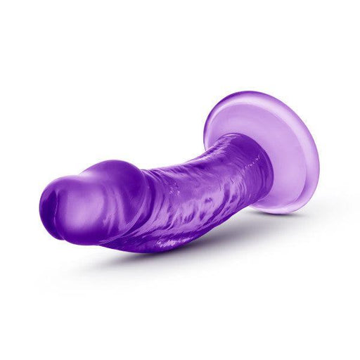 The Sweet n Small 4 Inch Dildo with Suction Cup - Purple is a small, realistic-looking silicone toy featuring a curved shaft for G-spot play, a textured surface, and a flared suction cup base, shown on a white background.