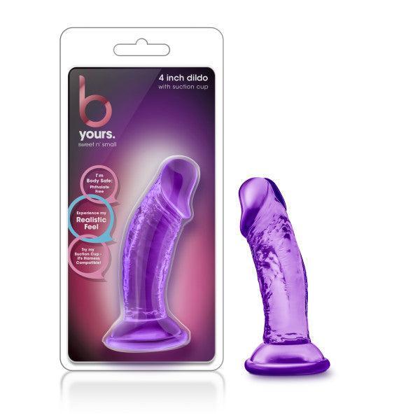 The Sweet n Small 4 Inch Dildo with Suction Cup - Purple is shown beside its packaging, featuring product details and branding on a purple gradient background—ideal for g-spot exploration.